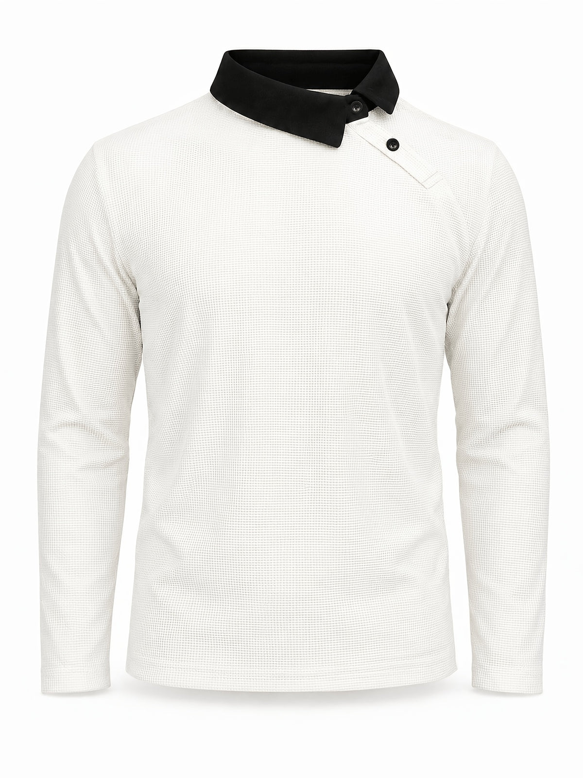 Pearson OBM Christmas Holiday Event, 1pc Adult Men's Multi-Color Fine Waffle Knit Long-Sleeve Lapel Top with Contrast Collar, Dual Black Buttons, and Asymmetrical Slanted Placket Design, Vintage Street-Style Light Luxury Look, Comfortable Fit - White
