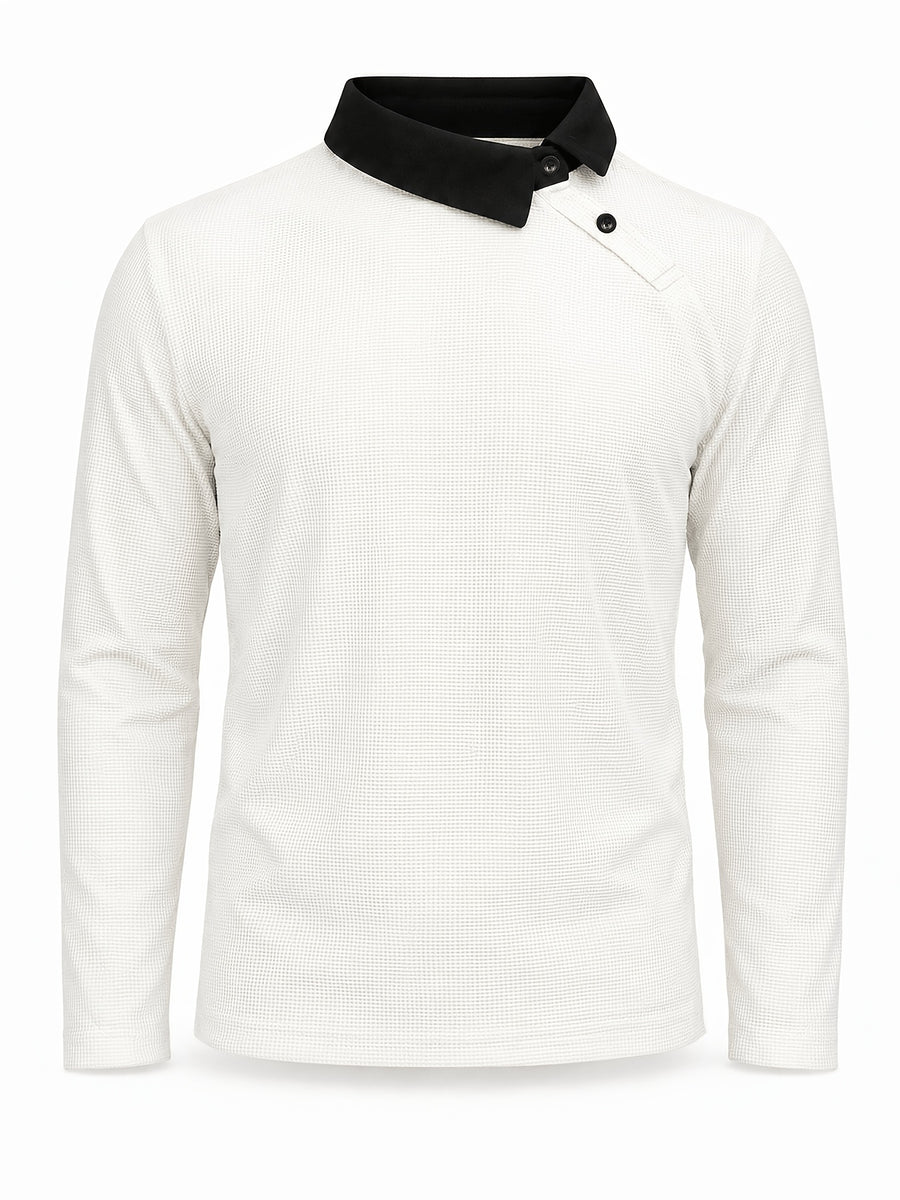 Pearson OBM Christmas Holiday Event, 1pc Adult Men's Multi-Color Fine Waffle Knit Long-Sleeve Lapel Top with Contrast Collar, Dual Black Buttons, and Asymmetrical Slanted Placket Design, Vintage Street-Style Light Luxury Look, Comfortable Fit - White