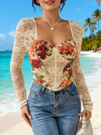 Spring/Summer Seaside Vacation Style! French-Style Court Vintage Oil Painting Print Bodysuit, Lace Patchwork Long Sleeve Slim Fit Tube Top Design, Body-Shaping and, Vintage Elegant Style for Outerwear - Apricot
