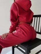 Women's Autumn/Winter New Hooded Sweatshirt Solid Color Set - Burgundy