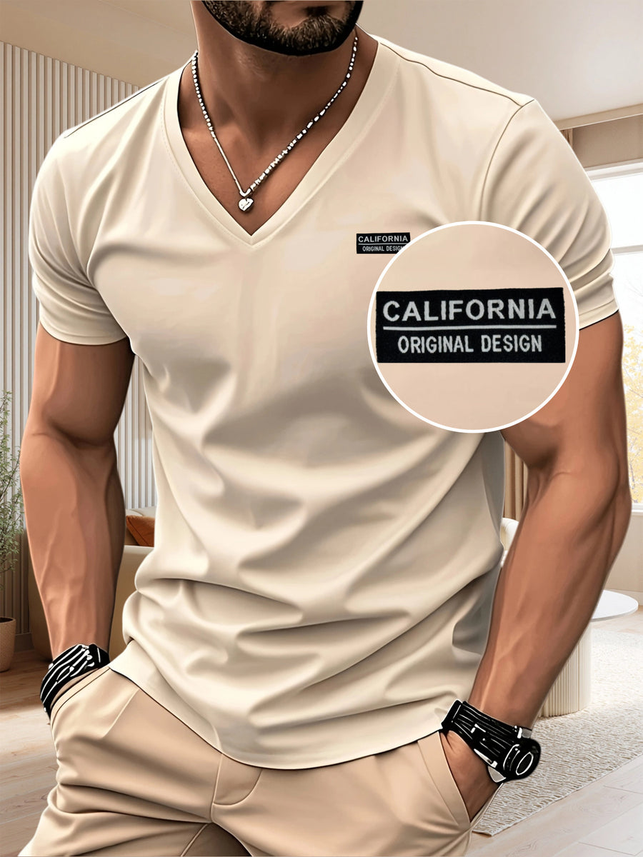 [180G 100C] Men'S V-Neck T-Shirt Solid Color Short Sleeve Top Casual Base Layer, "CALIFORNIA" Letter Print, Men'S All-Season Daily Wear, Father'S Day Gift, Back-To-School Season, Date Night, Designed Clothing - Apricot
