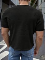 Men's Short-Sleeve Knitted Summer Fashion Jacquard Outerwear Casual Base Layer Solid Color High-Quality Top for Outings, Daily Wear, and Travel Clothing - Black