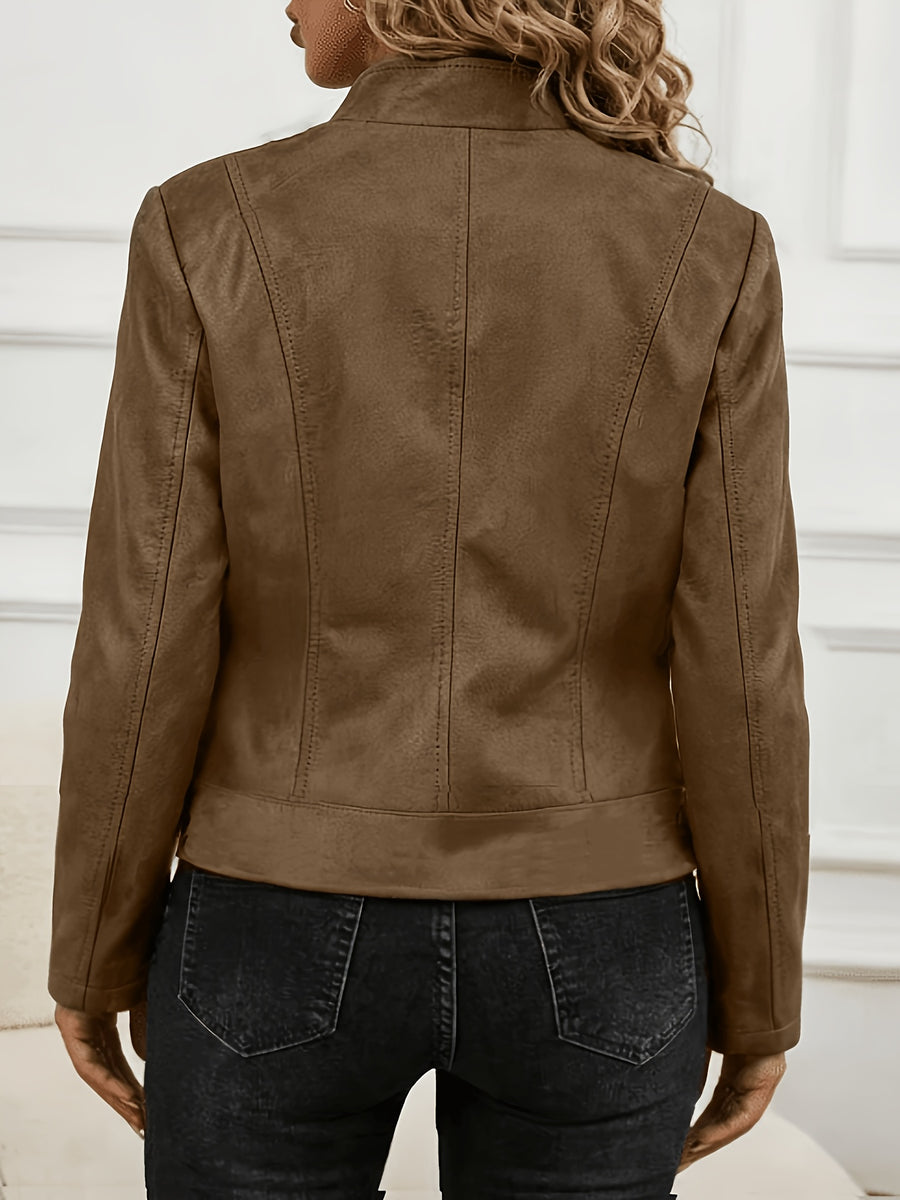 Plus Size Women'S Elegant Jacket - Soft Stretch Fabric, Metallic Zipper Design Spring/Autumn Outerwear - Dark Khaki