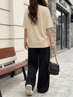 Women's Casual Streetwear Trend Los Angeles 98 Print Crew Neck Short Sleeve Top and Loose Drawstring Long Pants 2pcs Set, Women's Fashion Outfit, Suitable for Summer Streetwear - Apricot+Black