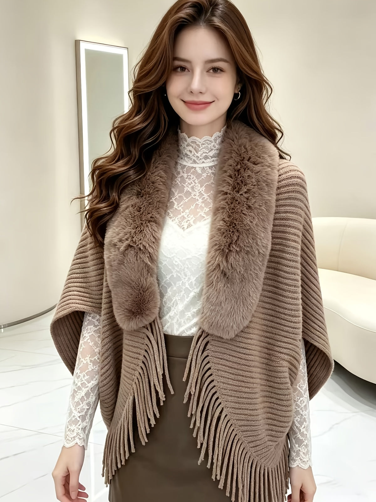 Women'S Cardigan, Autumn Winter Fashion Faux Tassel Cape Scarf Jacket - Lightweight Warm Outerwear for Parties, Office, Casual Wear - Elegant Autumnal Accessory, Trendy Scarf, Office Essential, Holiday Gift - Khaki