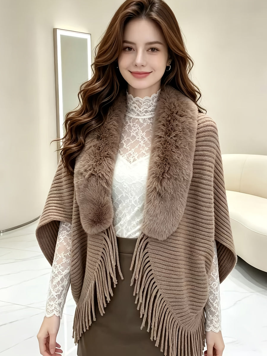 Women'S Cardigan, Autumn Winter Fashion Faux Tassel Cape Scarf Jacket - Lightweight Warm Outerwear for Parties, Office, Casual Wear - Elegant Autumnal Accessory, Trendy Scarf, Office Essential, Holiday Gift - Khaki