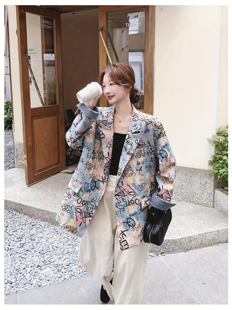 Women's Gray Plaid Blazer Jacket, Spring 2025 New Arrival, Street-Style Design, Loose Fit, Casual Graffiti Print Suit Jacket - Pink