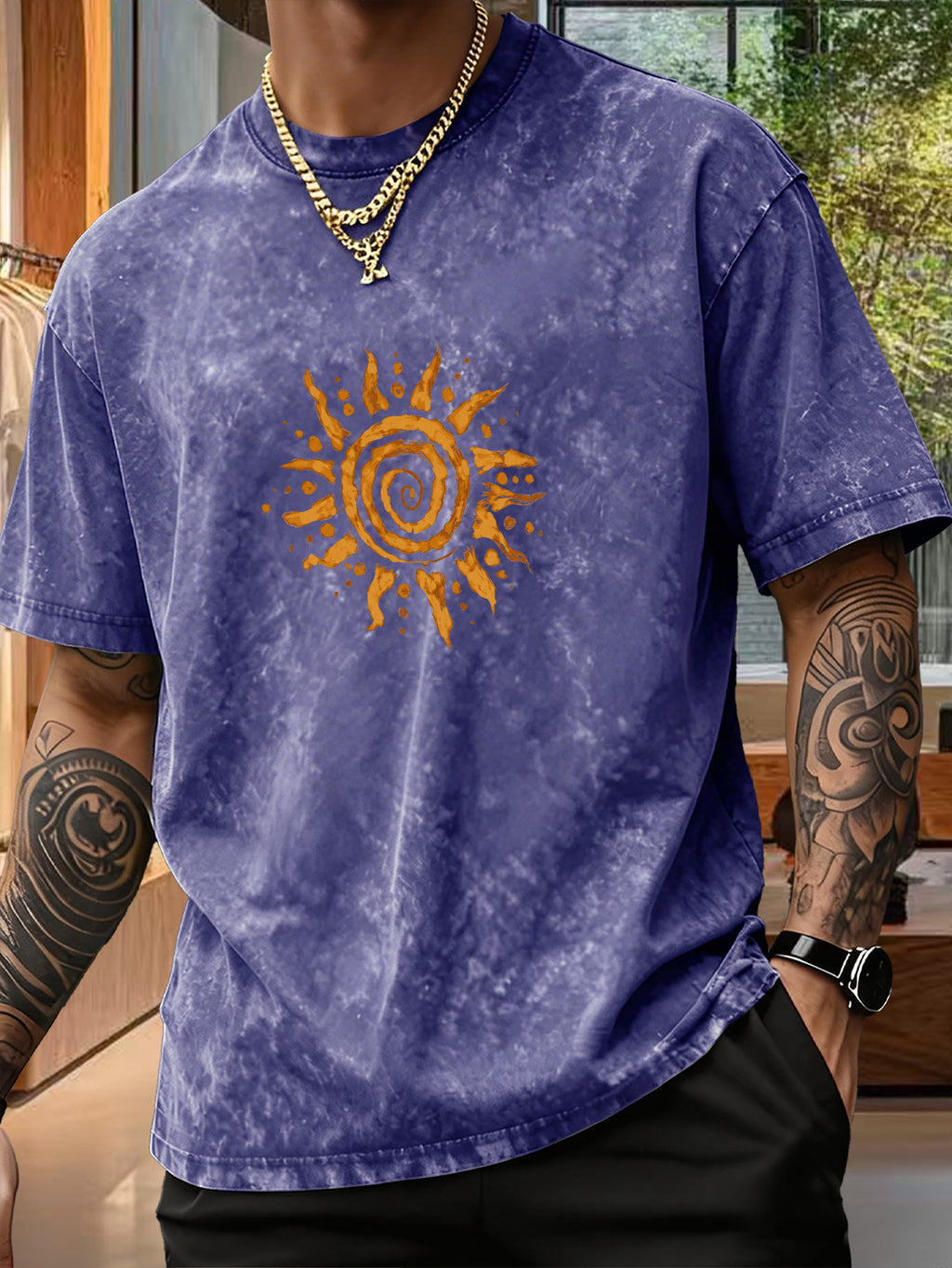 Men's Short-Sleeve T-Shirt, Pure Loose Fit Top, Trendy Reversible Double-Sided Swirl Sun Print, 12 Colors for  Mix & Match, Washed Distressed American Street Style, Versatile for Daily Outings, Streetwear, Sports, Fitness, and Commuting - Royal Blue