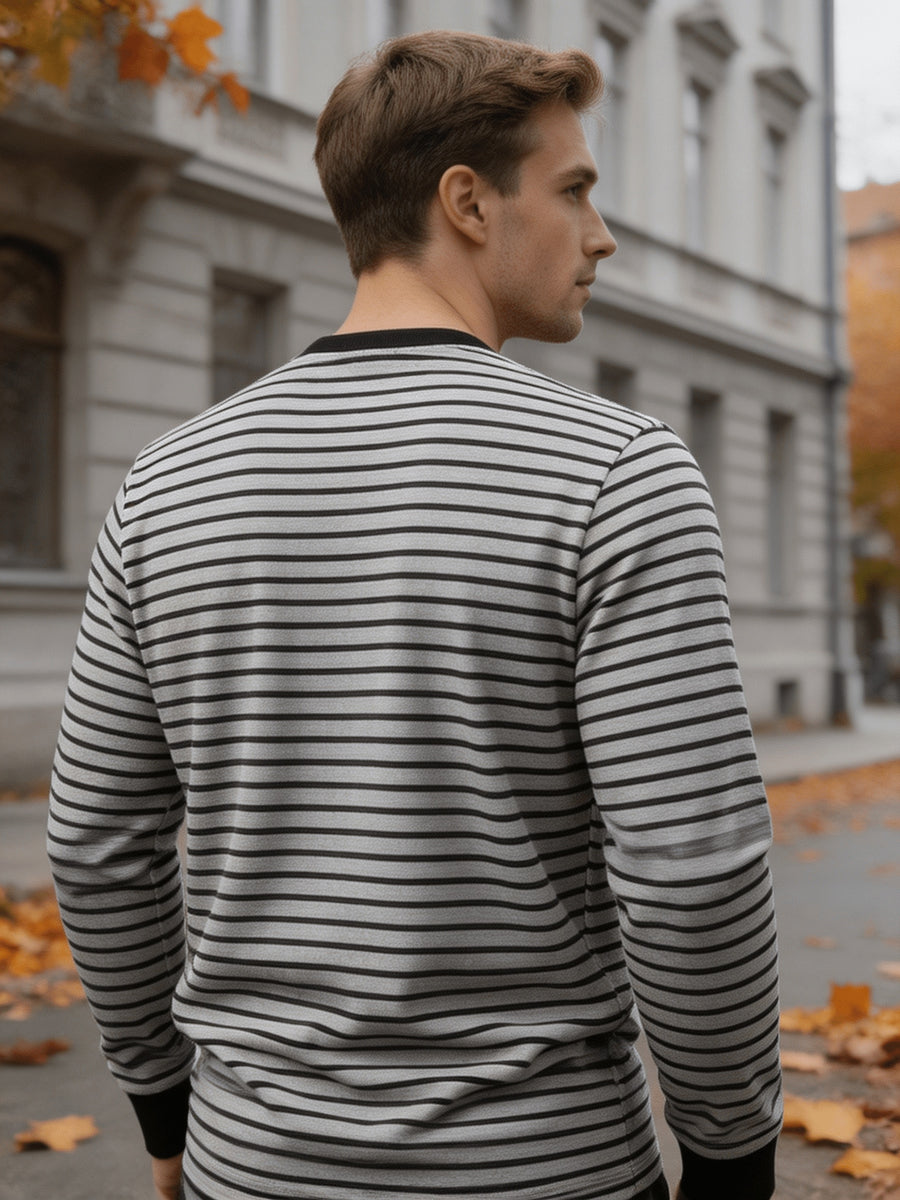 Men'S Round Neck Long Sleeve Henley Shirt, Classic Striped Button-Front Top, Ribbed Cuffs And Hem Breathable Soft Knit Pullover, Men'S Autumn Casual Shirt - Light Grey