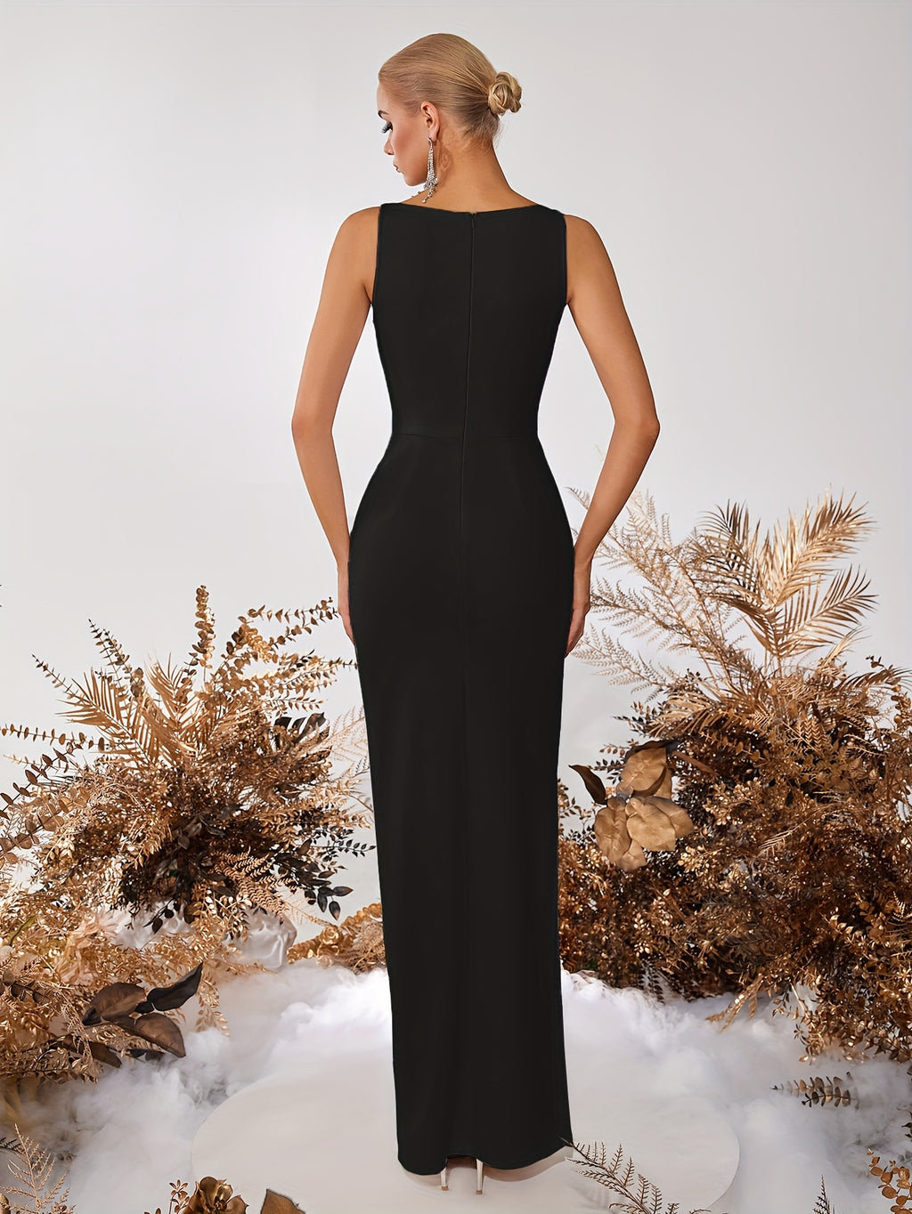 Straight Neck Side Slit Slim Fit Prom Party Cocktail Reception Formal Ladies Dinner Dress - Black