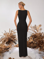 Straight Neck Side Slit Slim Fit Prom Party Cocktail Reception Formal Ladies Dinner Dress - Black