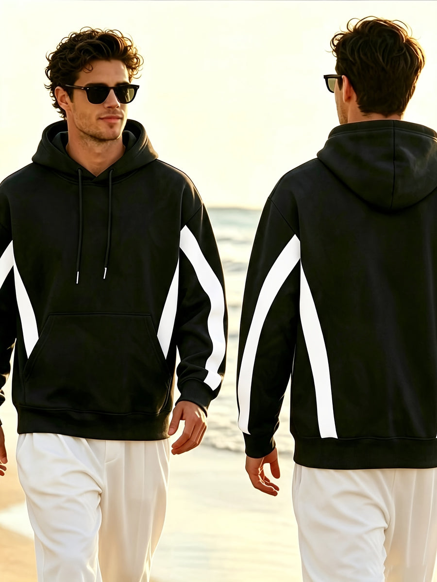 New Men'S Double Striped Hooded Sweatshirt with Loose Fit And Comfortable Pockets, Versatile And Trendy Hoodie for Daily Use - Black