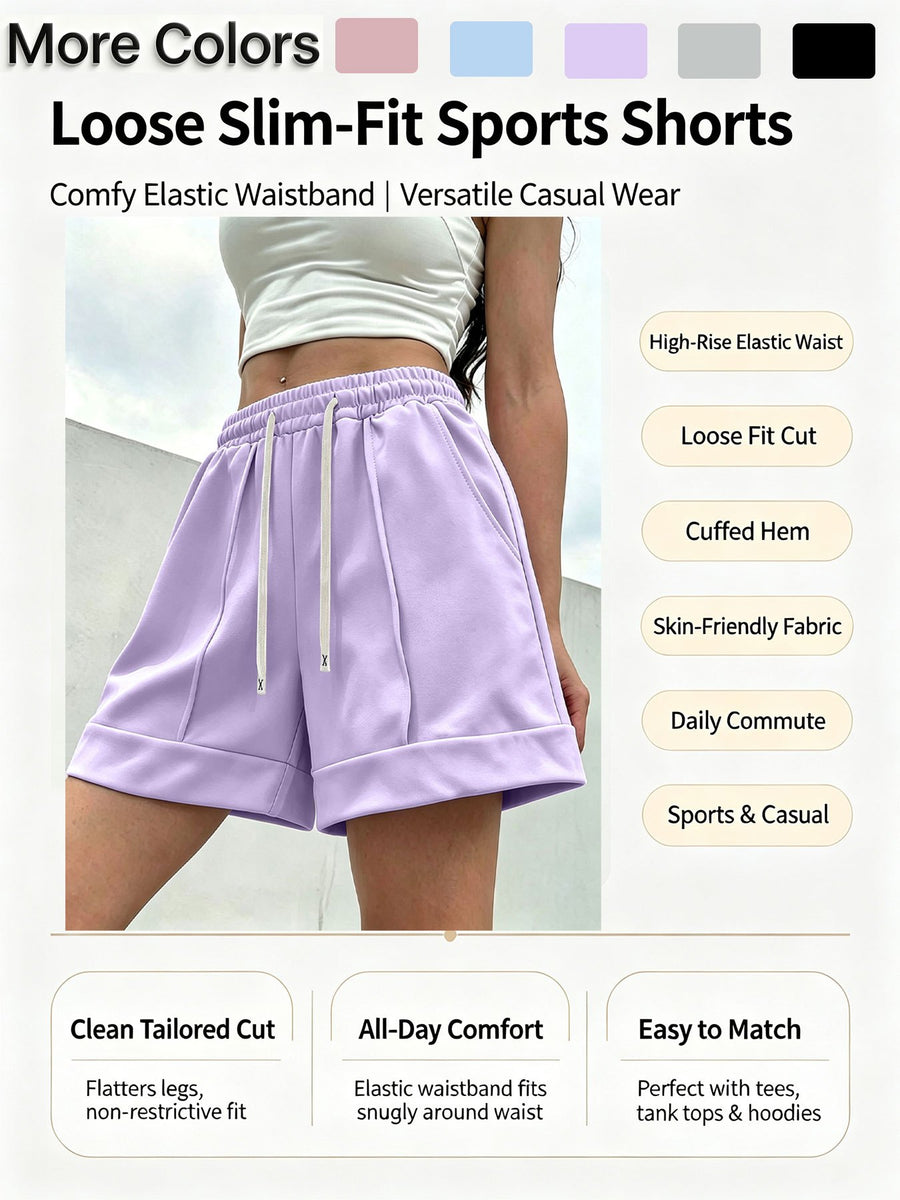 Women'S Solid Color Casual Shorts, Elastic Drawstring Waist Cuffed Hem Loose Shorts with Side Pockets, Breathable Sweatpants for Fitness, Vacation & Loungewear - Violet