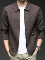 Men'S Lapel Single-Button Knit Cardigan, Spring/Autumn Outerwear, Winter Layering, Long Sleeve, Ribbed Cuffs And Hem - SINBOS - Coffee Color