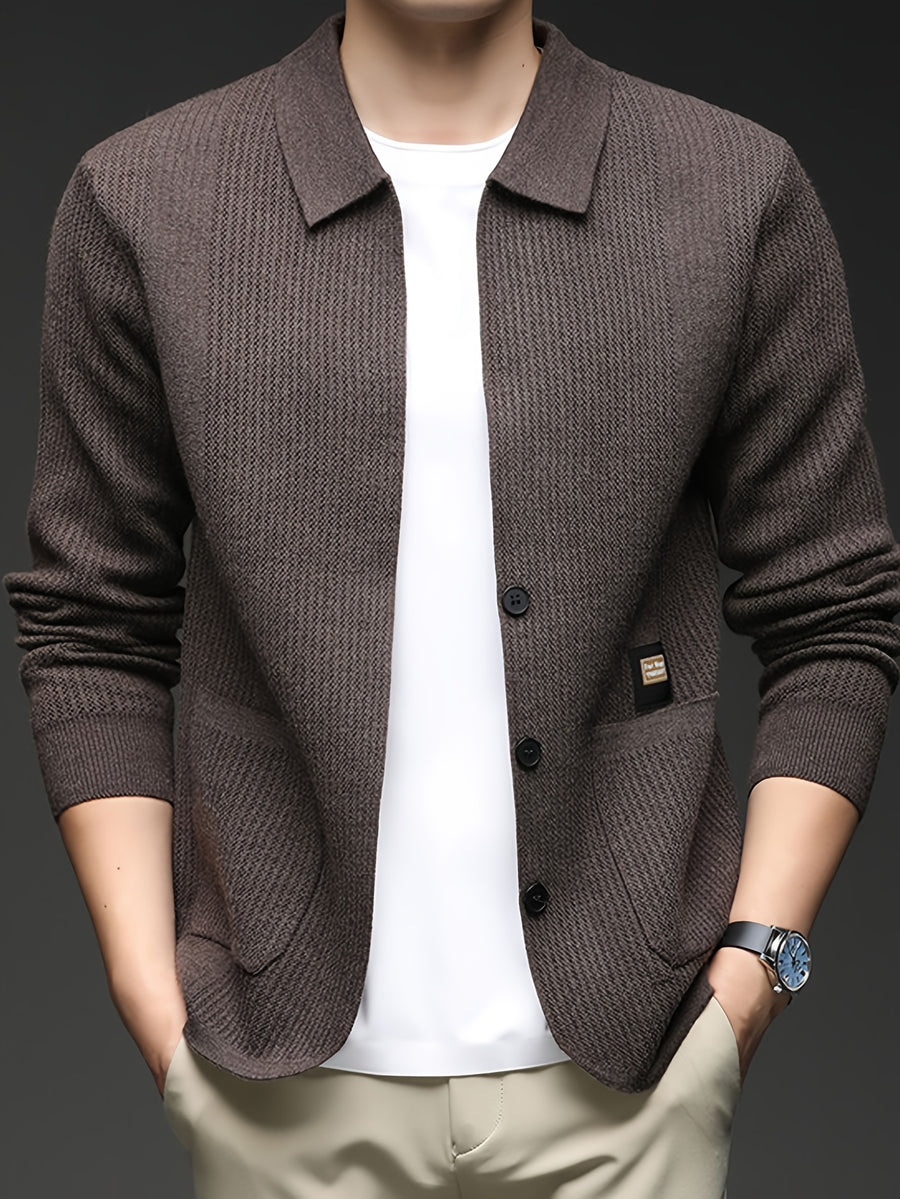 Men'S Lapel Single-Button Knit Cardigan, Spring/Autumn Outerwear, Winter Layering, Long Sleeve, Ribbed Cuffs And Hem - SINBOS - Coffee Color