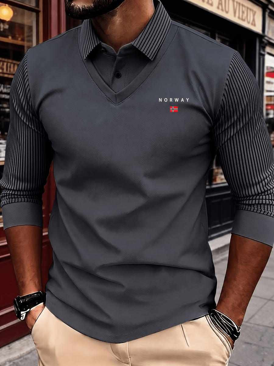Men's New All-Season Knitwear Classic Lapel Long Sleeve 2-in-1 Look Polo Shirt, Featuring a Stylish and Minimalist Geometric Print Stripe Design, with a Color-blocked Collar and Layered Shirt Style. Made from Skin-friendly, Breathable, and Soft - NW Gray
