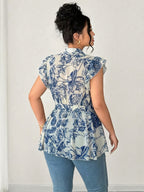 Women'S New Fashion Blue Printed Summer Elegant Blouse with Tie-Front Ruffles And Buttons - Blue
