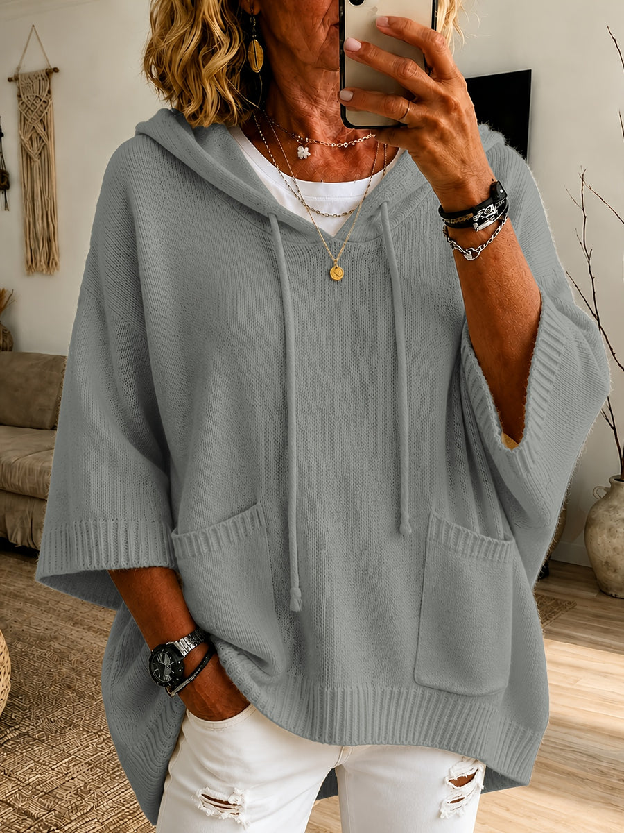2026 Women'S Fall Winter Solid Color Hooded 3/4 Sleeve Cape Sweater Top with Drawstring And Double Pockets, Casual Easy Fashion Versatile Commute Home Vacation Outfit Pullover Top Women'S Clothing - Grey