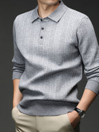 Autumn Renewal 1pc: Black Knitted Long-Sleeve Polo Shirt for Middle-Aged Men, Vertical Stripe Jacquard, Three-Button Lapel, Business Casual, Slim Fit for Spring/Autumn, Commuting and Daily Layering Top - Light Grey