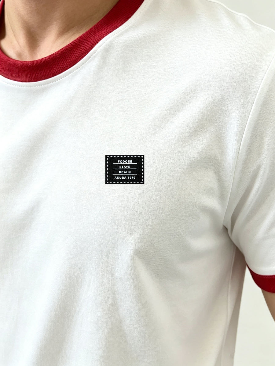 Men's 95% Polyester T-Shirt with Color-Block Patch & Badge Detail - Crew Neck Base Layer Suitable for Casual, Sportswear, All-Season Wear, Machine Washable, High-Fit Regular Fit Top for Layering and Everyday Use - White Fight Red