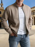 Spring/Autumn New Men's Solid Color Lapel Waffle Knit Long Sleeve Zipper Jacket, Comfortable and Breathable Outdoor Sports Men's Outerwear, Practical Jacket - Khaki