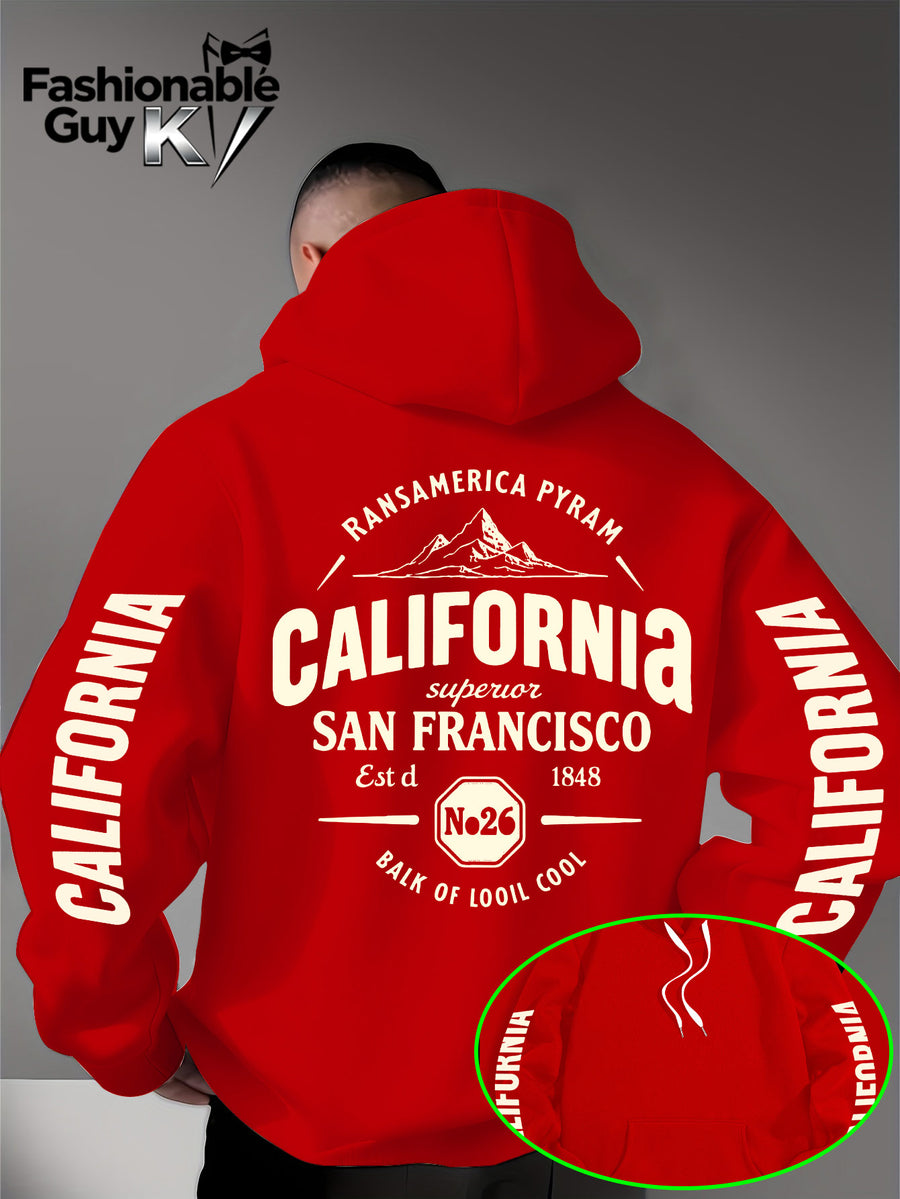 Hooded Sweatshirt with Street Culture Symbols: Featuring a "CALIFORNIA" Print That Embodies the Grandeur of the Wilderness and the Pioneering Spirit, This Sweatshirt Serves as an Exclusive Symbol for Street Culture Enthusiasts to Connect - Red