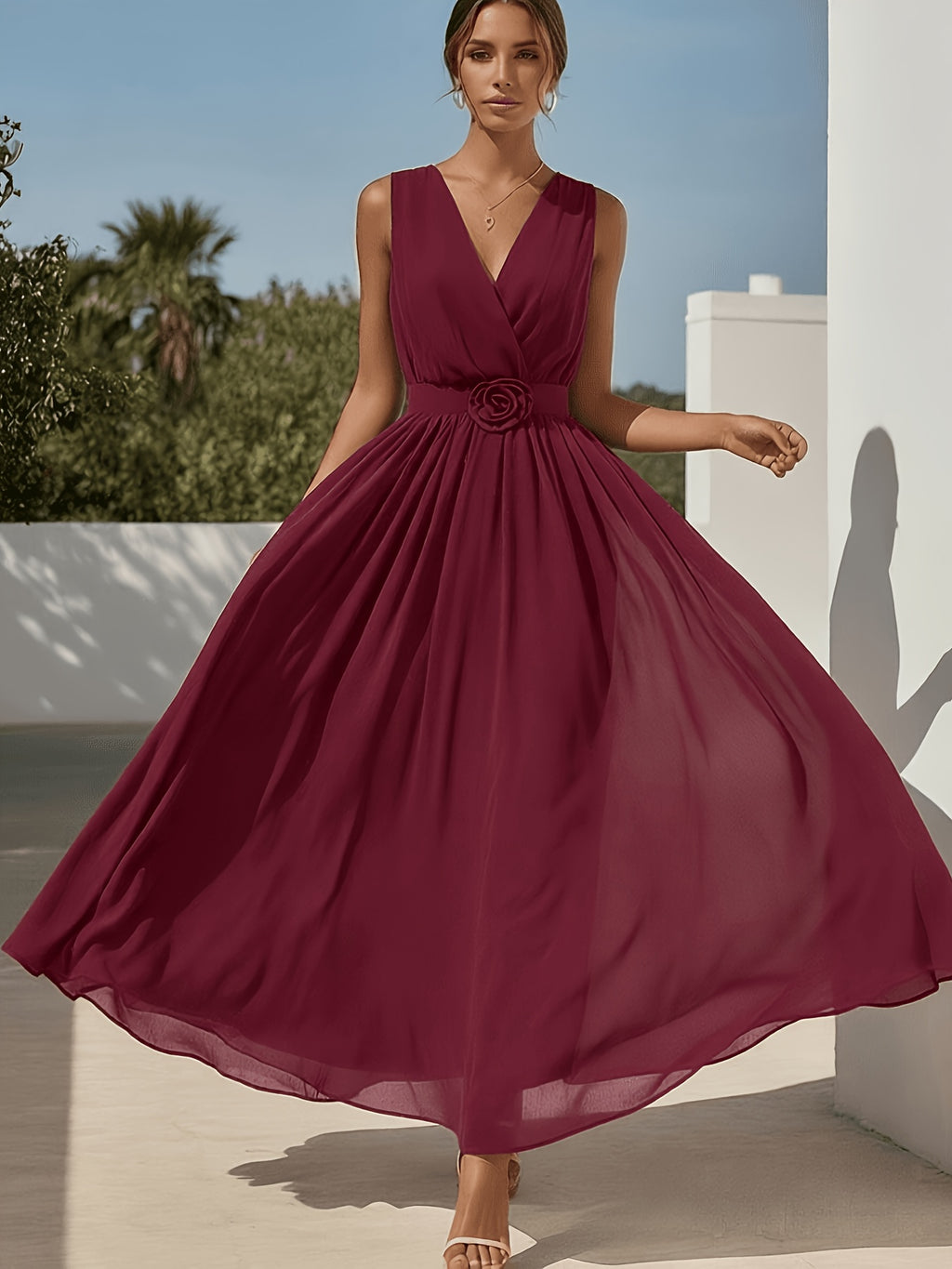 2026 Summer 3D Floral Pleated Waist Ruffled Gauze V-Neck Sleeveless A-Line Flowing Long Dress Suitable for Wedding Evening Gown Banquet Prom Daily Wear Fashionable Premium Connected Mid-Length Bridesmaid Dress [ZLLZ] - Burgundy