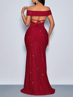 A Women'S Bridesmaid Dress Suitable for Parties, Vacations, And Dates, Featuring an Elegant Solid Color, Stylish Twisted Off-Shoulder Design, Backless Straps, High Slit, And a Mermaid Silhouette with Metallic Sheen - Burgundy