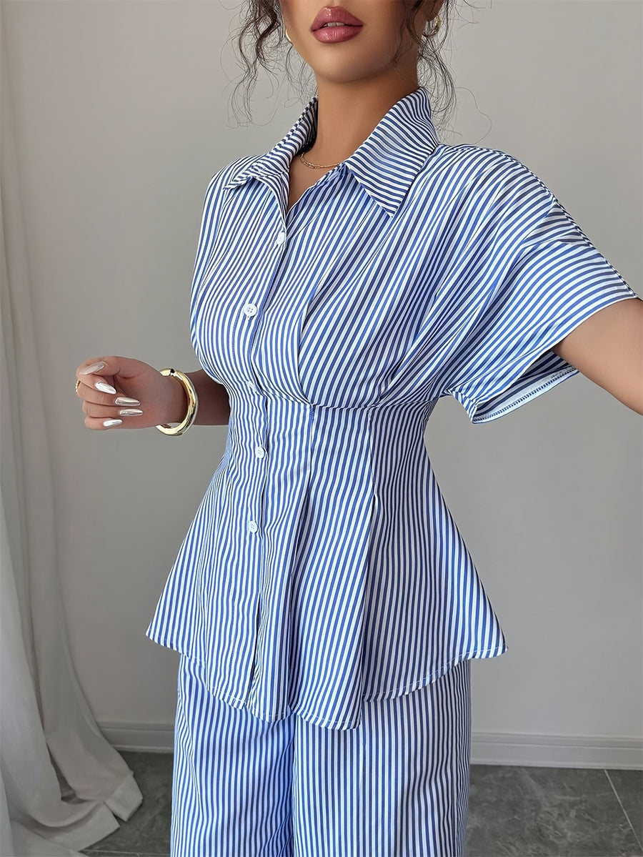 2Pcss Striped Bat-Sleeve Blouse And Pants Set for Women, Summer Striped 2Pcss Outfit - Blue