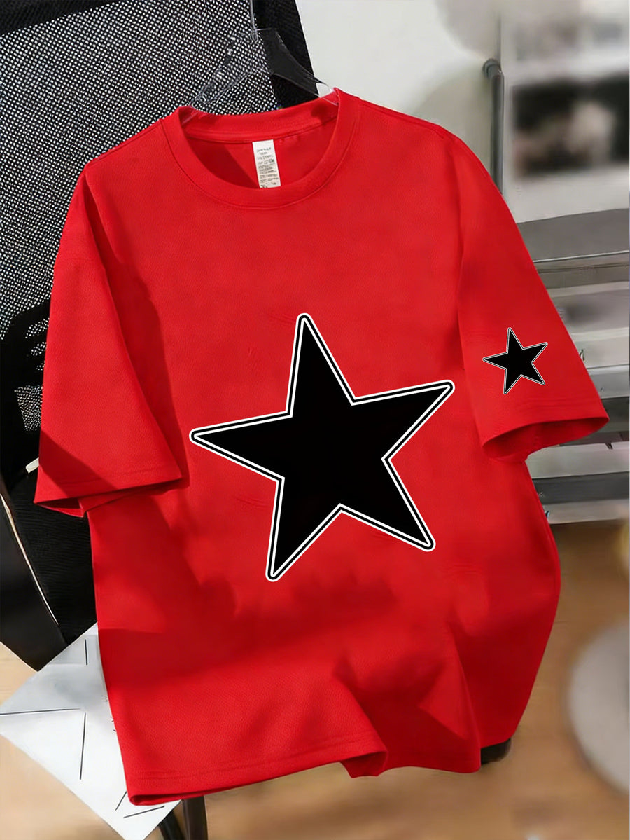 Men's 2026 New Arrival Short Sleeve T-Shirt - Soft Breathable Regular Fit Round Neck Tee with Five-Pointed Star Print, Suitable for Casual Attire, Outdoor Activities & Gym, Casual Athletic Shirt for All Seasons, Machine Washable for Males - Red