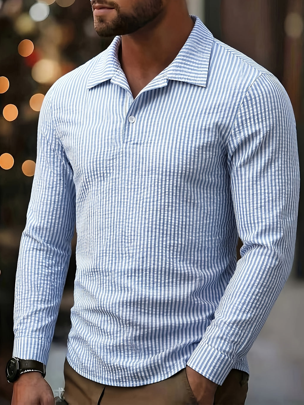 [ROYALBOY] Men'S Random Print Black And White Striped Open Collar Long Sleeve Casual Henley Shirt, Athletic Outdoor Wear Suitable for Daily Commuting, Gatherings, Parties, And Outdoor Activities - Sky Blue