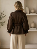 Chocolate Brown Wrap-Front Outerwear with Waist Cinching Ruffle Hem, Elegant Daily Outerwear, Vintage V-Neck Tie-Waist Blouse with Puffy Long Sleeves, Loose Fit Minimalist Style Women's Top. Women's Wrap-Front Outerwear, V-Neck Lantern Sleeves - Coffee Color