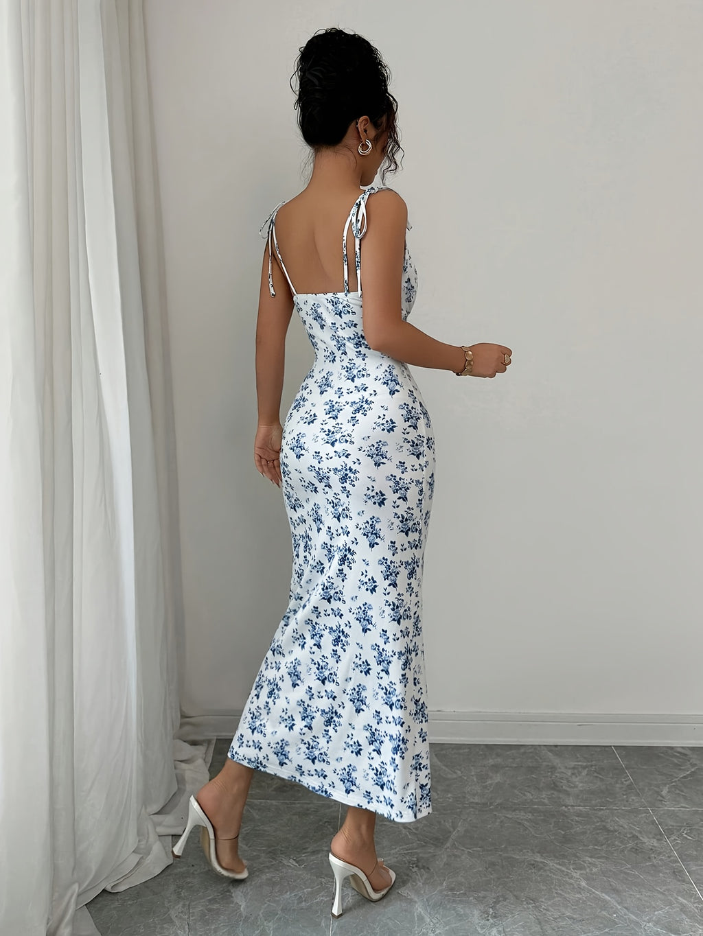 Elegant Floral Ruffled Strap Dress for Women - Purplish Blue