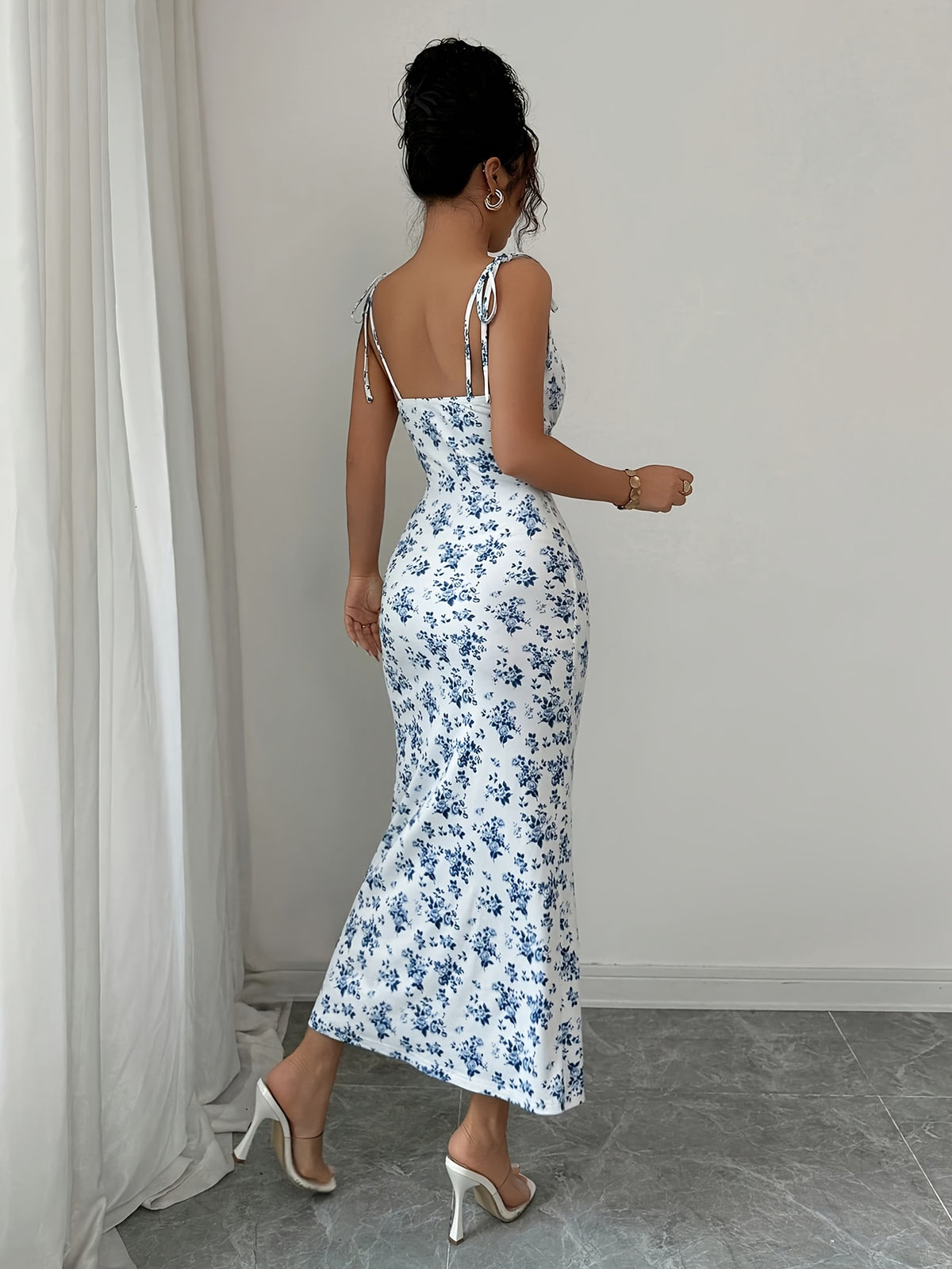 Elegant Floral Ruffled Strap Dress for Women - Purplish Blue