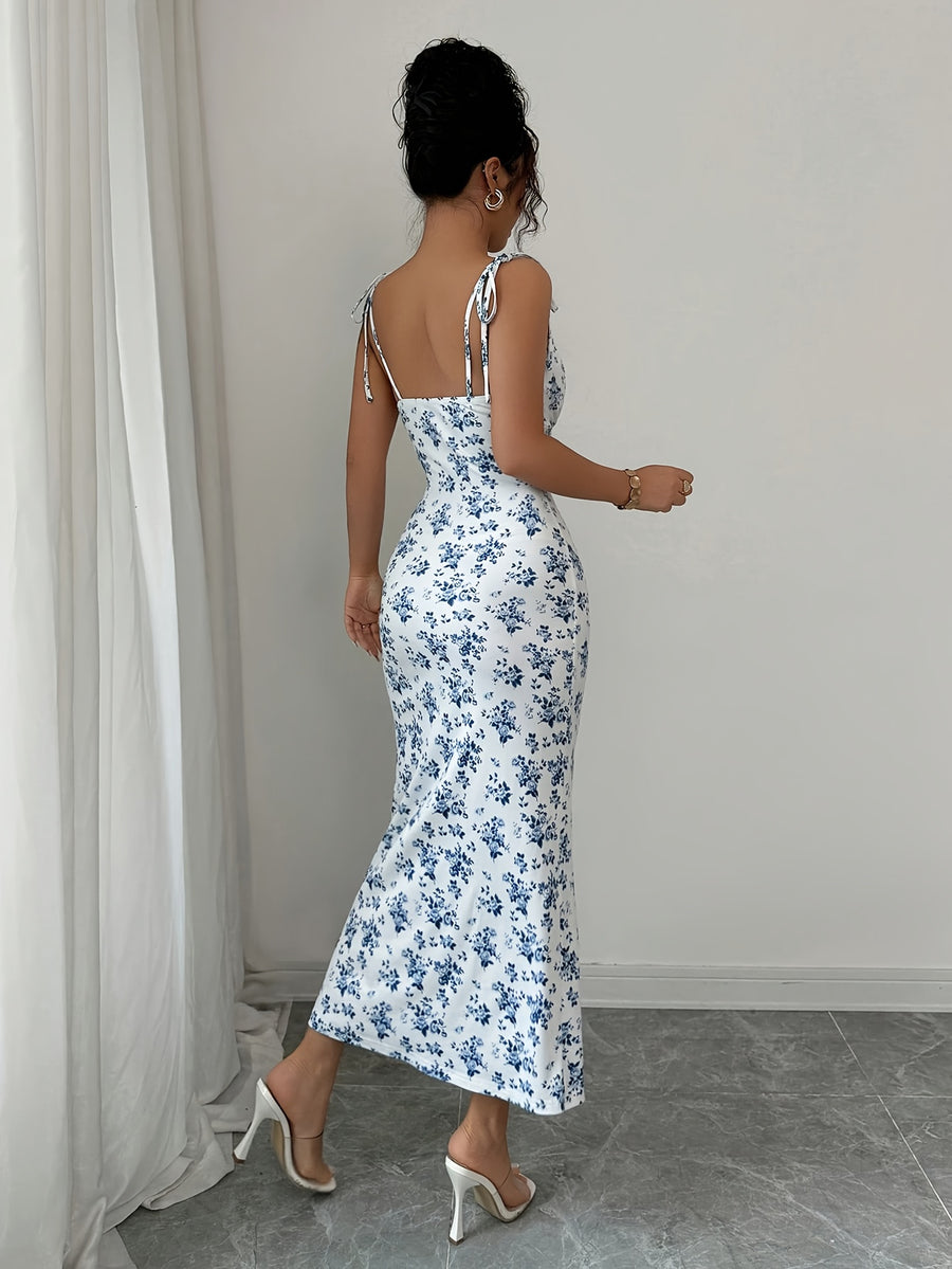 Elegant Floral Ruffled Strap Dress for Women - Purplish Blue