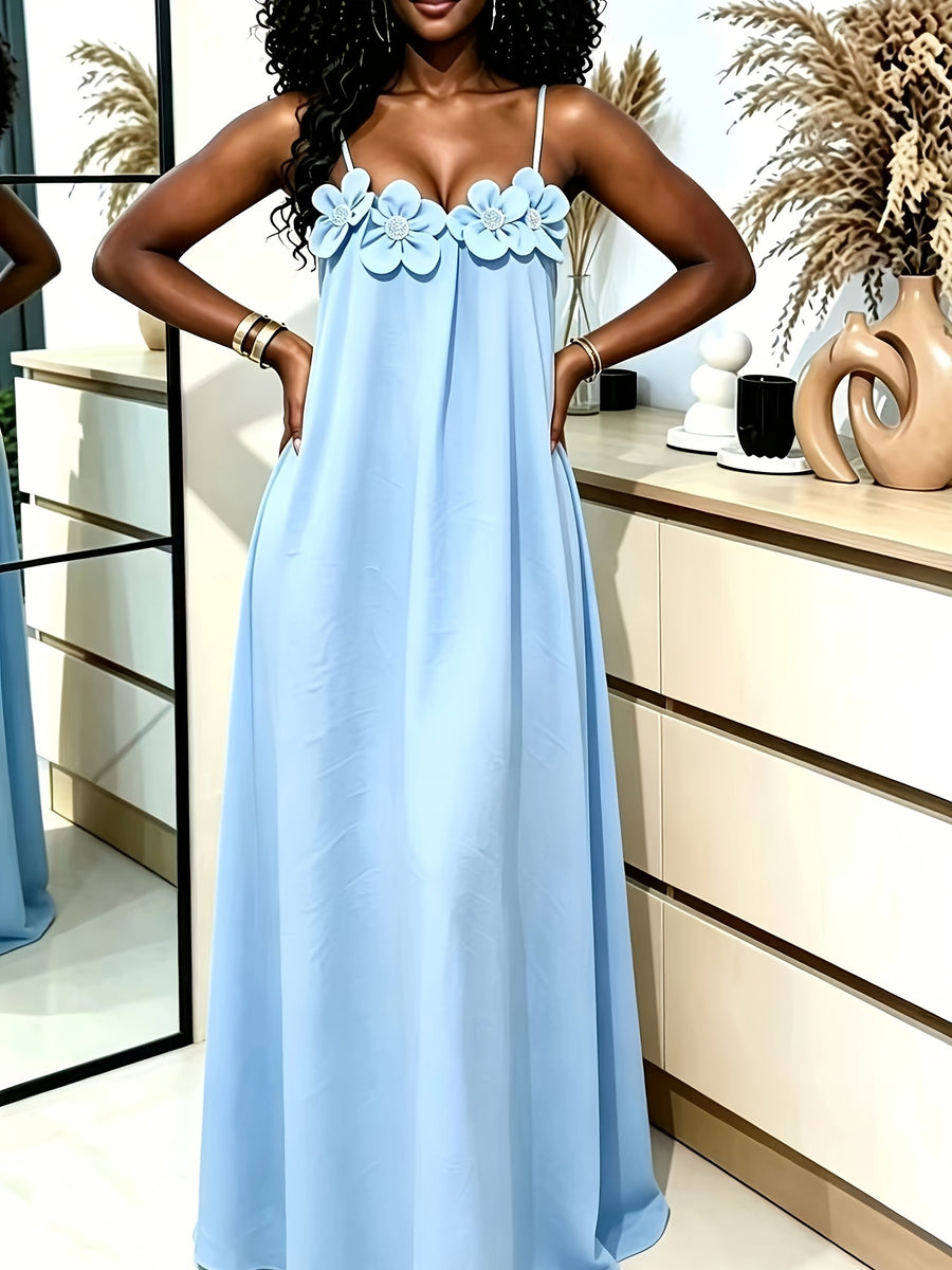 New Outing Party French Heavy Embroidery 3D Floral Sleeveless Cami Dress Loose Long Backless Vacation Light Dress - Light Blue