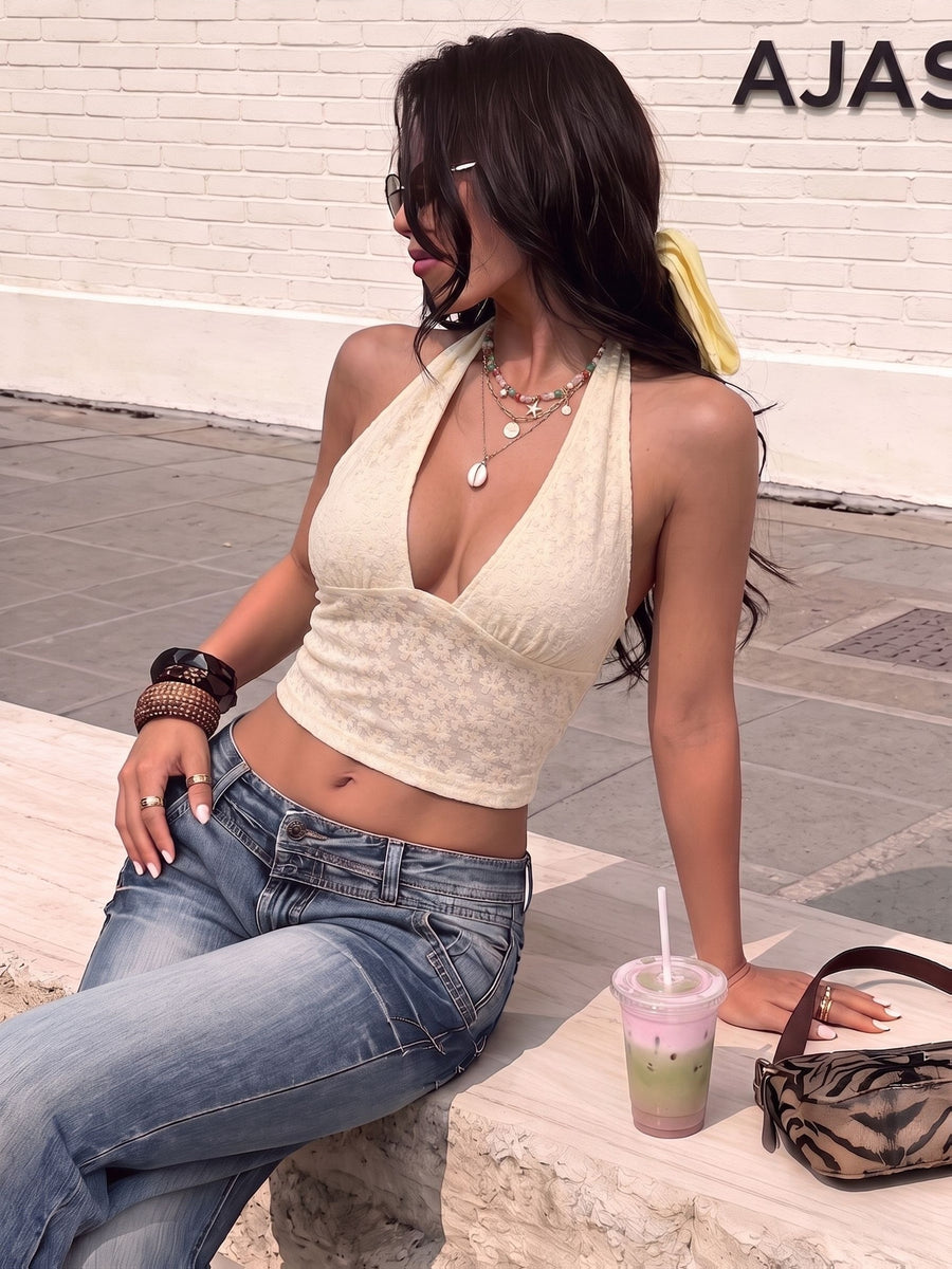 Women'S Floral Jacquard Halter Top, Deep V Tie-Neck Style, All-Over 3D Small Flower Jacquard Texture, Short Crop Waist-Exposing Cut, Relaxed Bright Atmosphere Outfit - 【Light Yellow】