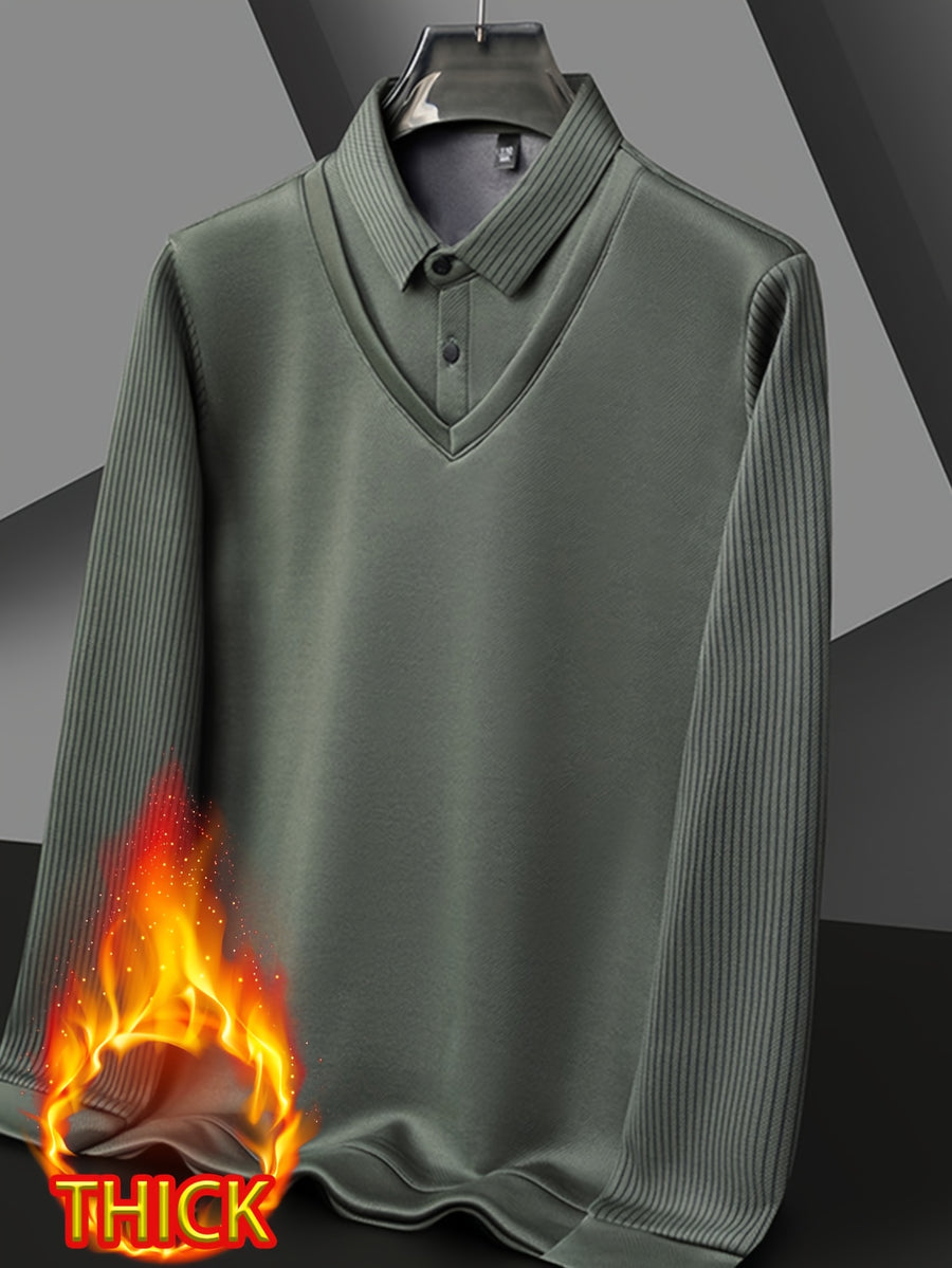 Autumn/Winter Men's 2-in-1 Look Shirt Collar Top with Striped Sleeves, Thick and Warm, Well-Fitted Cut, Versatile Pullover for Commuting - Green