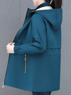 Mid-Length Women'S Casual Trench Coat Jacket with Drawstring Waist Tie, Zippered Pockets, Removable Hood - Blue