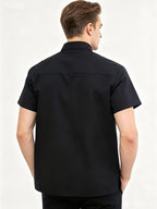 Men's Traditional Tang Suit Short Sleeve Summer Breathable Pure Cotton Chinese Mandarin Collar Top with Pockets - Black