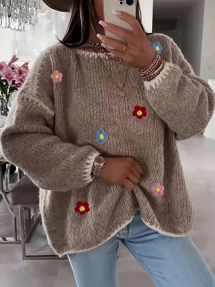 Women's Floral Pullover Elegant Sweater for Autumn and Winter - Khaki