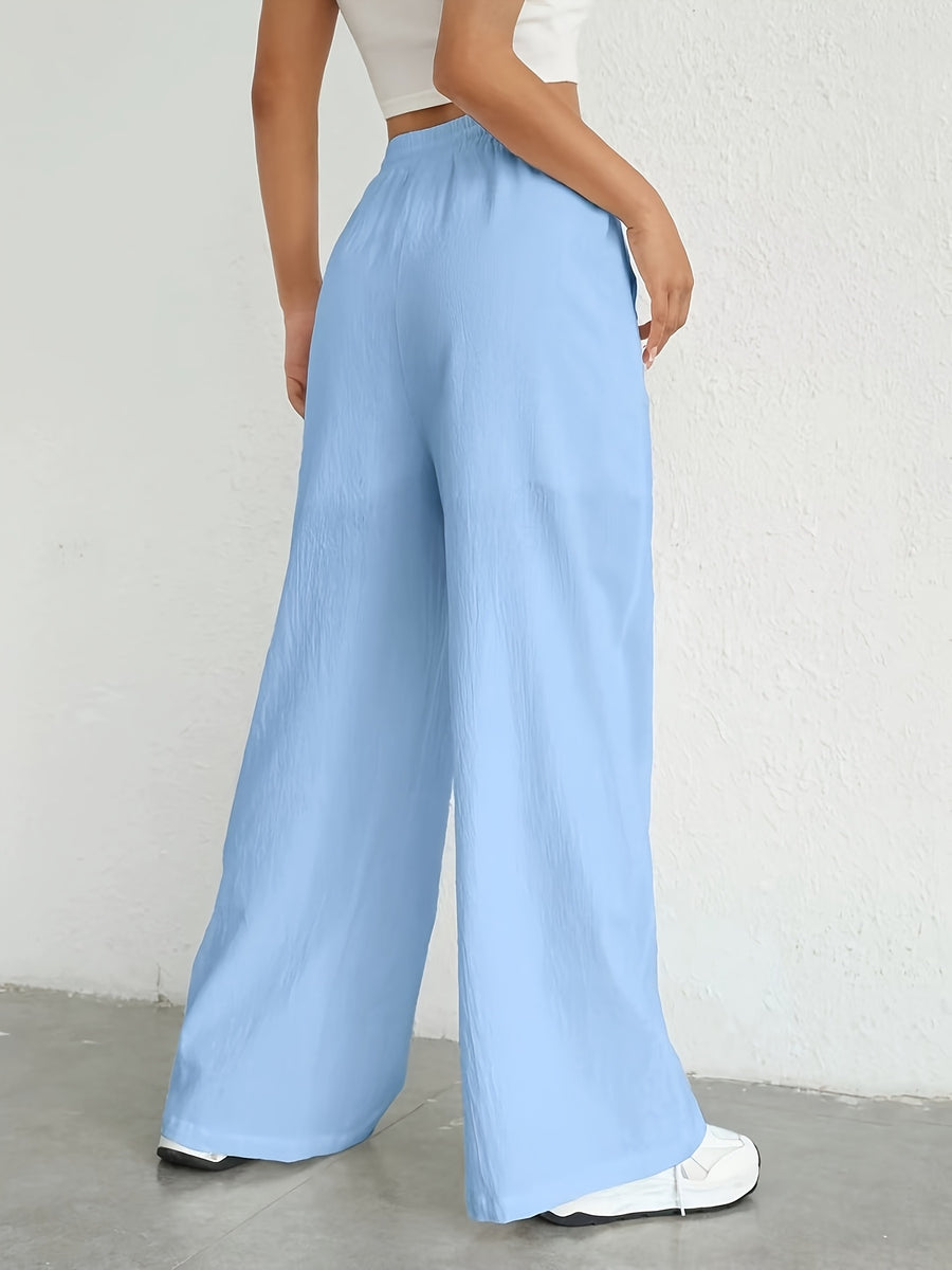 Light Blue Pure Comfortable Loose-fit Wide-leg Floor-length Pants with Drawstring Waist, Large Pockets, and a Relaxed Style for Both Home and Outings, Women's Long Pants - Sky Blue