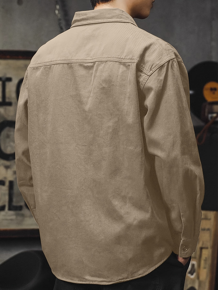 Men'S Cargo Shirt Spring Autumn Long Sleeve Top Vintage Workwear Style Multi-Pocket American Casual Top Outerwear, New Season - Khaki