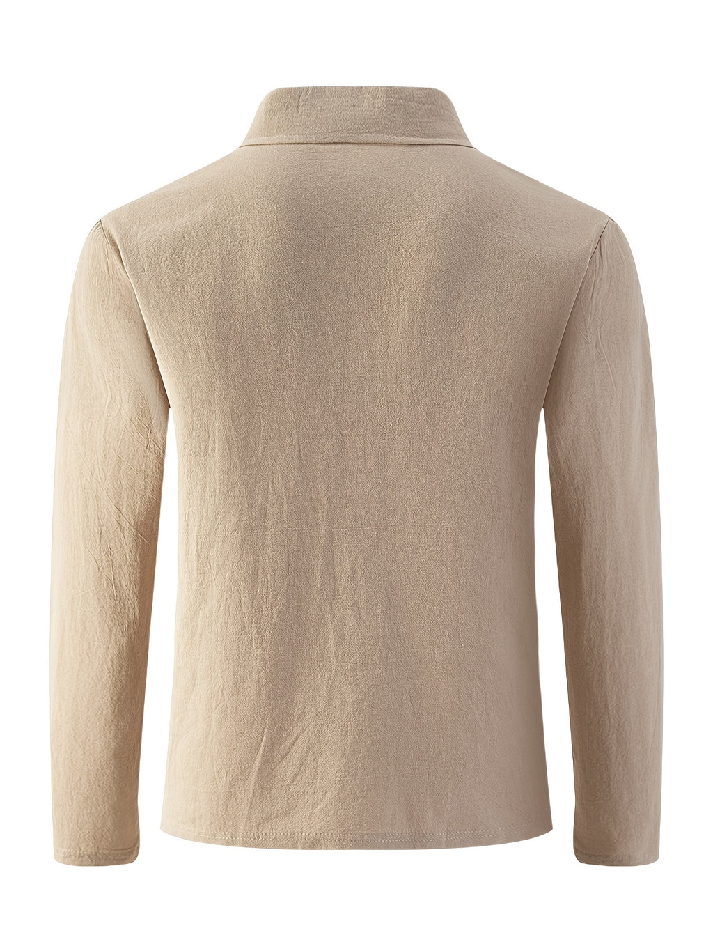 Men'S Linen Long Sleeve Polo Shirt with Chest Pocket - Khaki