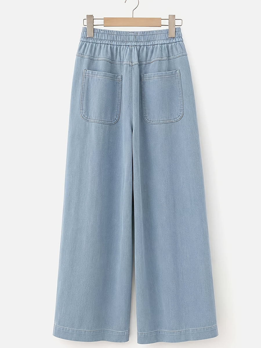 Women'S Tencel Denim Jeans, Spring/Summer Style, Thin Korean Style, High Waist, Slim Fit, Straight Leg, Wide Leg, Ice Flowy Casual Pants - Light Blue