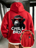 Men's Casual Versatile Hooded Sweatshirt with Fashion Glasses Chimpanzee "CHILL BRO" Fun Double-Sided Graphic Print - Front Kangaroo Pocket, Machine Washable, High-Quality Fabric Suitable for Casual and Sportswear, Daily Comfort - Casual Long-Sleeve - Red