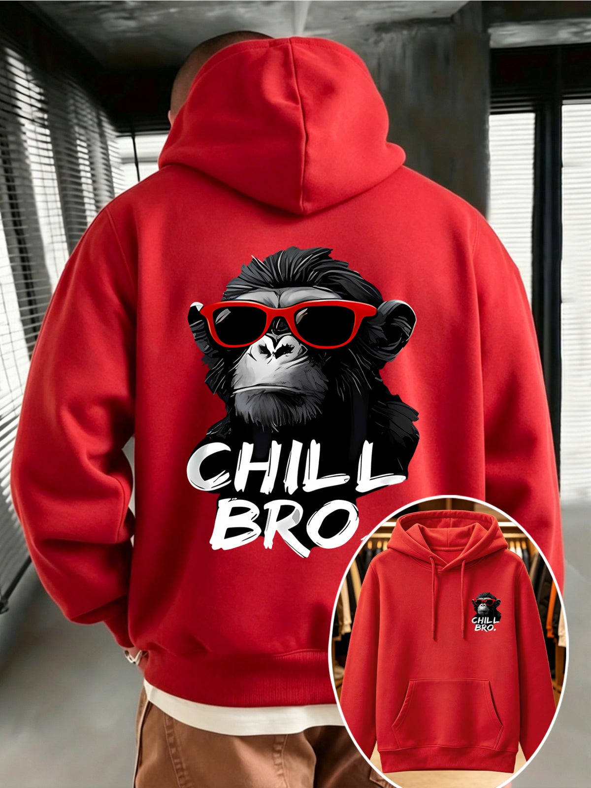 Men's Casual Versatile Hooded Sweatshirt with Fashion Glasses Chimpanzee "CHILL BRO" Fun Double-Sided Graphic Print - Front Kangaroo Pocket, Machine Washable, High-Quality Fabric Suitable for Casual and Sportswear, Daily Comfort - Casual Long-Sleeve - Red