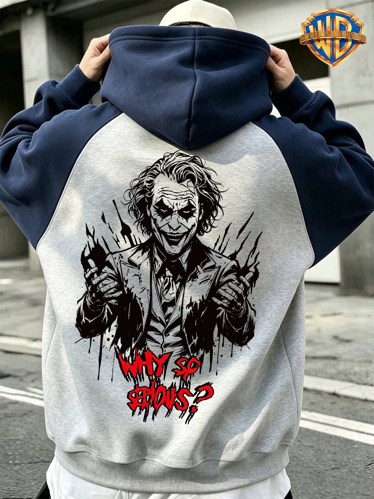 1pc New Men's Raglan Colorblock Zip-Up Hooded Sweatshirt Jacket, Official Warner Bros. - DC Joker Sketch Portrait + "Why So Serious" Classic Quote Slogan Creative Print, Dark Street Style Cool Look, Skin-Friendly Comfortable Fabric, Zipper + Kangaroo - Navy Blue And Gray