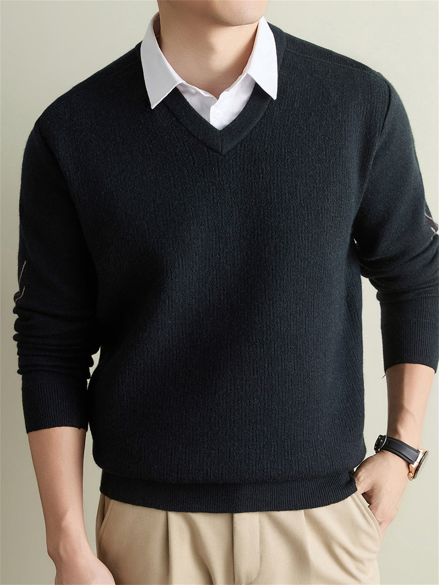 Men's Solid Color V-Neck Sweater - Warm Winter Knit Pullover with V-Neck Collar, Basic Long Sleeve Knitwear Suitable for Fall and Winter, Casual Office Wear, Hand Washable Regular Fit Sweater for Layering - Deep Gray