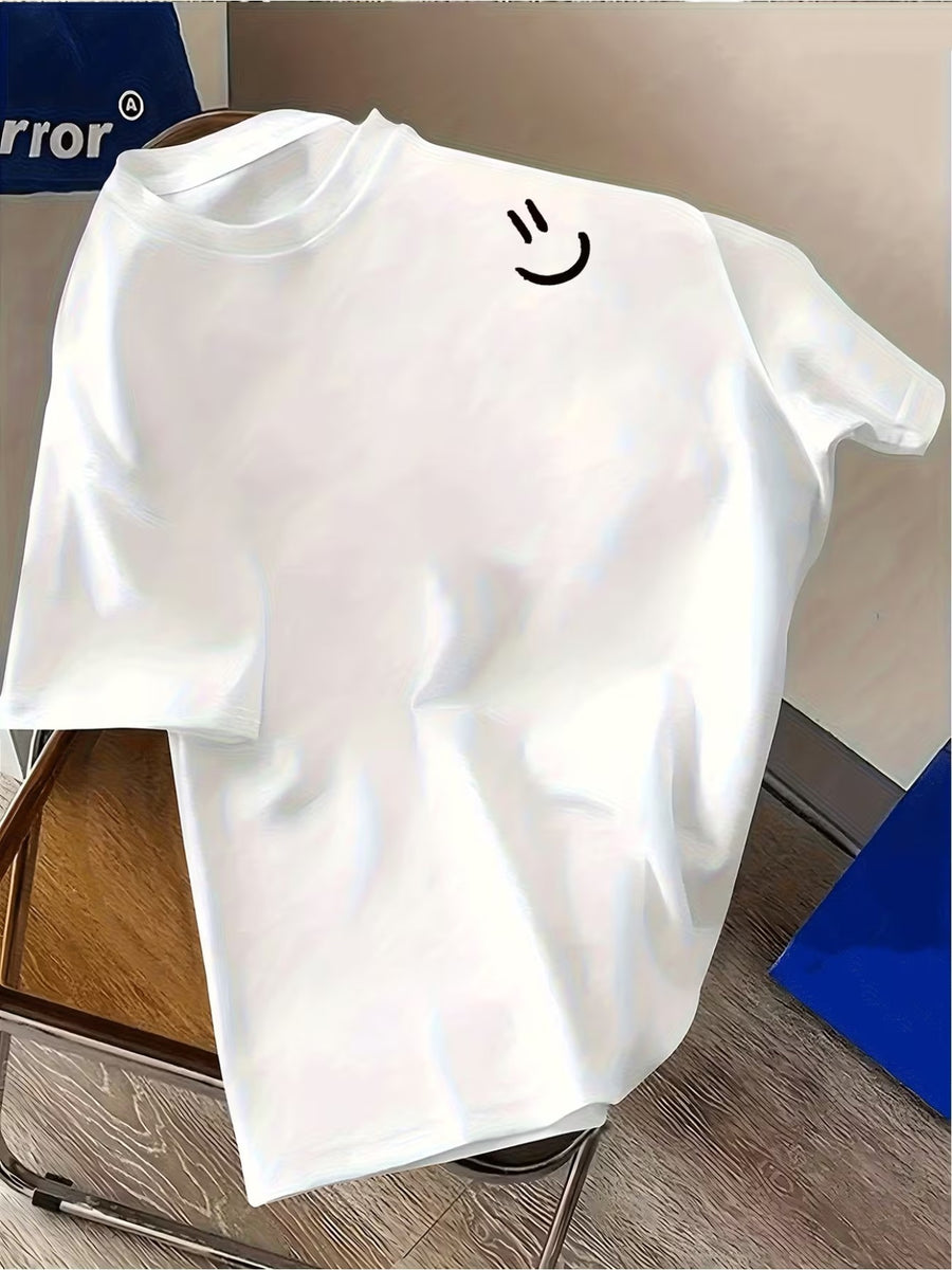 Summer Men's Outdoor Short-sleeve Casual T-shirt, Men's Japanese-style Basic Joyful Face Print T-shirt, Simple Style - White